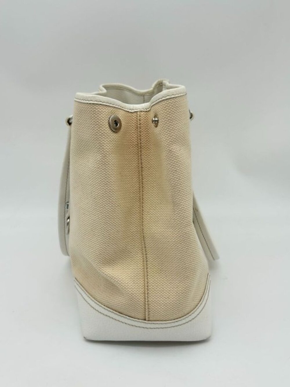 Prada Tote Shoulder Triangle Plate Logo Canvas Leather Beige - Picture 4 of 16
